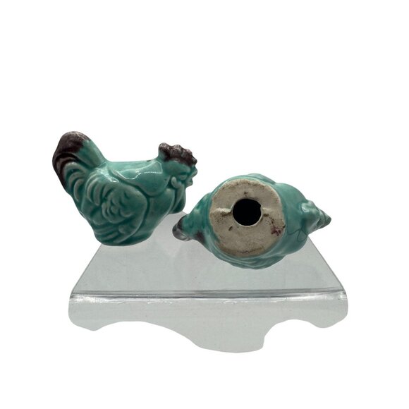 Vintage Ceramic Rooster Salt & Pepper Shakers Turquoise & Brown Glaze Figurines - Picture 5 of 5